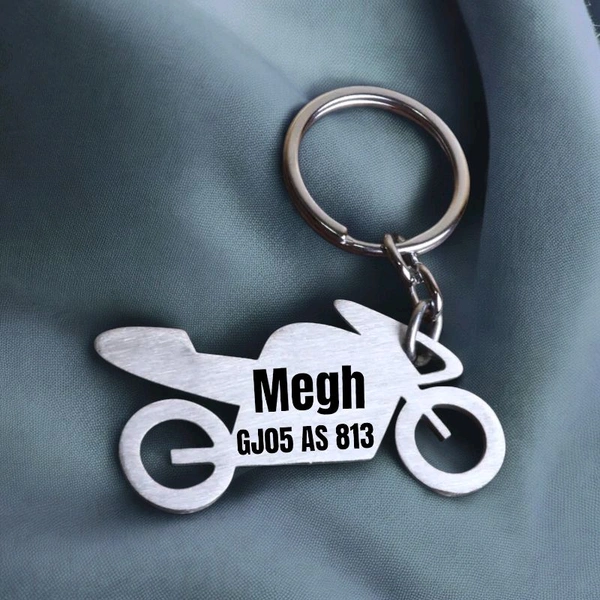 Itsmyway Gift Bike Customised Keychain - Silver Colour - Personalise Name & Vehcle Number Laser Engraved