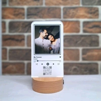 Itsmyway Gift Desktop Led Night Lamp With Customise Photo and Spotify Code, Made with Acrylic, Wooden Base Warm Light