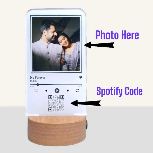 Itsmyway Gift Desktop Led Night Lamp With Customise Photo and Spotify Code, Made with Acrylic, Wooden Base Warm Light