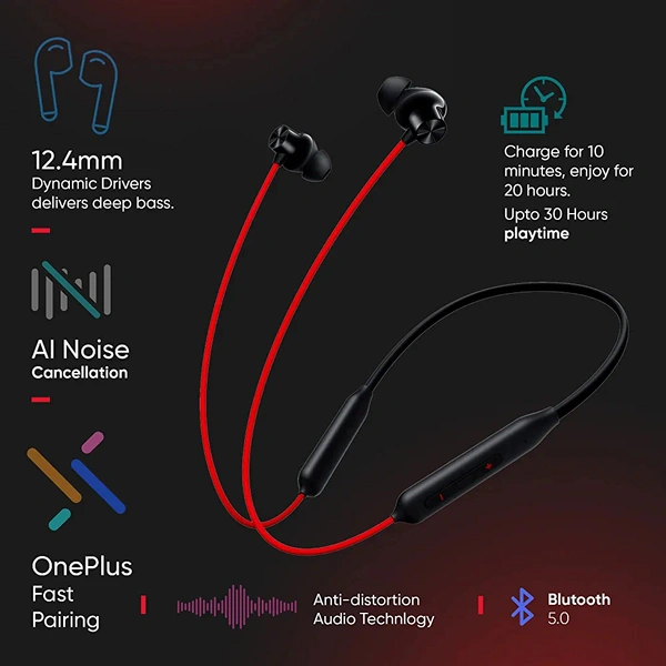 OnePlus Bullets Z2 Bluetooth Wireless in Ear Earphones with Mic, Bombastic Bass, 10 Mins Charge - 20 Hrs Music, 30 Hrs Battery Life (Open Box)