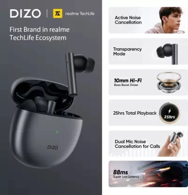 DIZO by realme TechLife GoPods with Active Noise Cancellation(ANC) Bluetooth Headset   True Wireless) open box  - With Mic:Yes Bluetooth version: 5.2 Wireless range: 10 m Charging time: 2 hrs Active Noise Cancellation | Transparency Mode Dual Mic Noise Cancellation for Calls | 10mm Hi-Fi Bass Boost Drivers 25 hrs Total Playback | 88ms Low Latency | 10Min charge gives 120Min playback Powered by realme R2 Processor | IPX5 Water Resistant