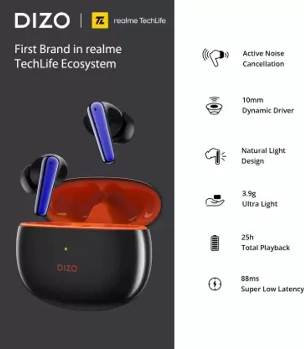 DIZO Buds Z Pro, with Active Noise Cancellation(ANC) (by realme Techlife) Bluetooth Headset  (Orange, Black, True Wireless) open box - With Mic:Yes Bluetooth version: 5.2 Wireless range: 10 m Battery life: 25 hr | Charging time: 1 hour (Headphone), 2 hours (Transmitter) Fast Charging : 10 minutes charge = 120 minutes playback Active Noise Cancellation upto 25 DB Dual Mic ENC for calls