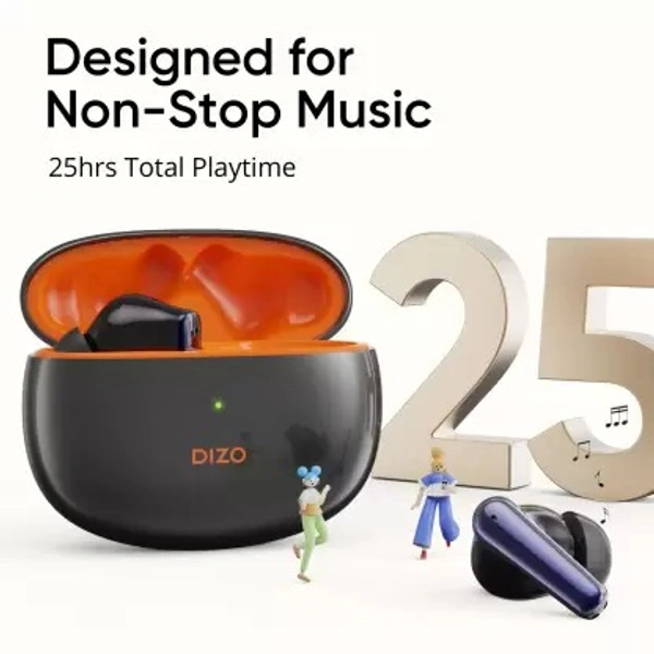 DIZO Buds Z Pro, with Active Noise Cancellation(ANC) (by realme Techlife) Bluetooth Headset  (Orange, Black, True Wireless) open box - With Mic:Yes Bluetooth version: 5.2 Wireless range: 10 m Battery life: 25 hr | Charging time: 1 hour (Headphone), 2 hours (Transmitter) Fast Charging : 10 minutes charge = 120 minutes playback Active Noise Cancellation upto 25 DB Dual Mic ENC for calls