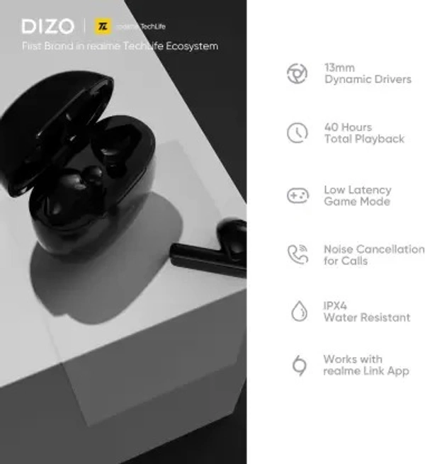 DIZO Buds P with Fast Charge, 40HPlaytime & 13mm Driver (by realme TechLife) Bluetooth Headset  (Dynamo Black, True Wireless) open box