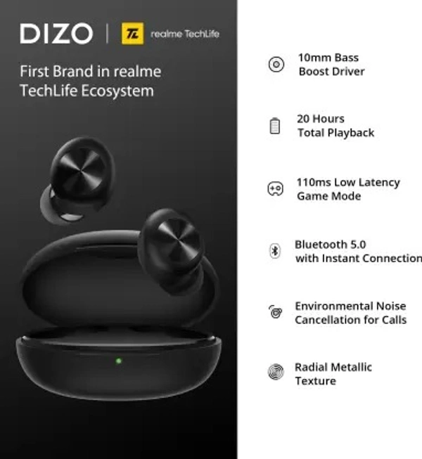DIZO by realme TechLife GoPods D with Enviornment Noise Cancellation (ENC) Bluetooth Headset  (Black, True Wireless) open box