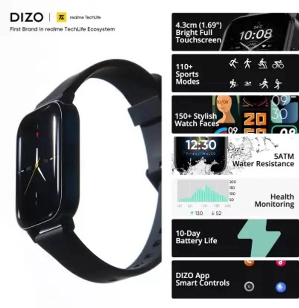 DIZO Watch 2 Sports (by realme TechLife)  (Black Strap, Free Size) open box