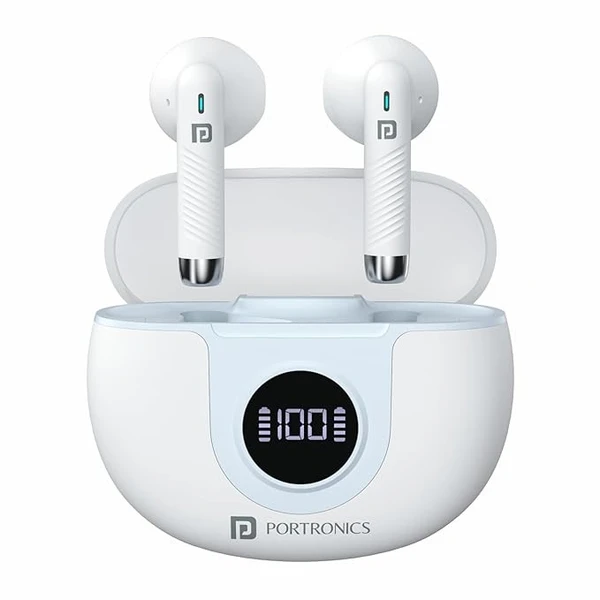 Portronics Harmonics Twins S8 True Wireless in Ear Earbuds with 30Hrs Playtime, Digital Display, BT V5.3, 13mm Dynamic Drivers, IPX4, Voice Assistant, Rapid Charging, Type C Port(White)