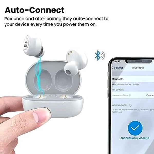 Portronics Harmonics Twins S3 Smart TWS Bluetooth 5.2 Earbuds with 20 Hrs Playtime, 8mm Drivers, Type C Charging, IPX4 Water Resistant, Low Latency, Lightweight Design(White)