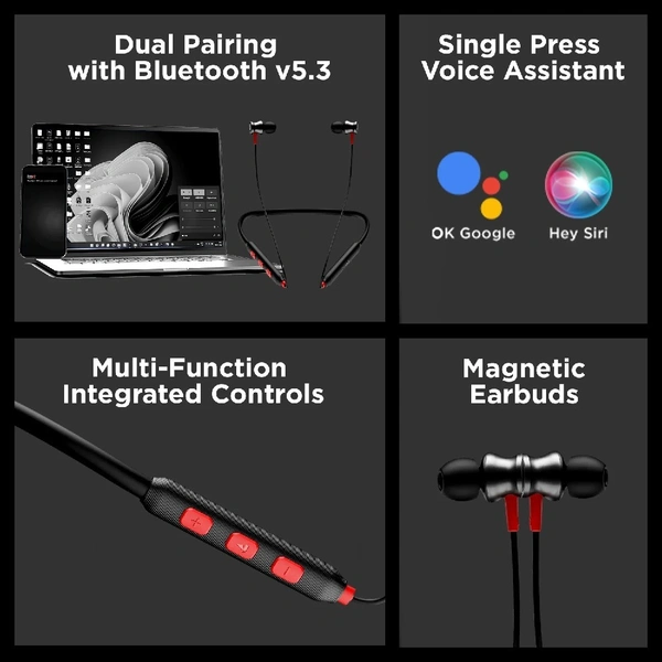 boat rockerz 185 pro Wireless Neckband Bluetooth 5.3 10 meters Wireless Range 10mm Drivers Playtime 20 Hours Enx Tech Magnetic earbuds Single press voice assistant IPX4 water resistance