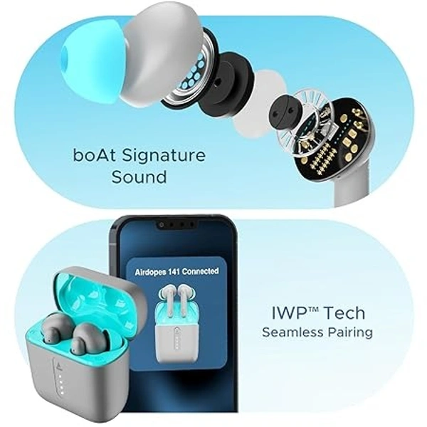 boAt Airdopes 141 Bluetooth Truly Wireless in Ear Headphones with 45H Playtime,Low Latency Mode for Gaming, ENx Tech, IWP, IPX4 Water Resistance, Smooth Touch Controls(Cyan Cider)