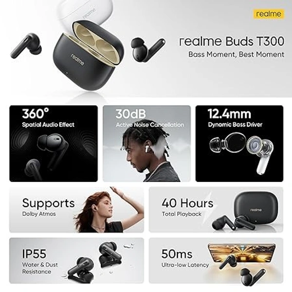 realme Buds T300 Truly Wireless in-Ear Earbuds with 30dB ANC, 360° Spatial Audio Effect, 12.4mm Dynamic Bass Boost Driver with Dolby Atmos Support, Upto 40Hrs Battery and Fast Charging (Stylish Black)