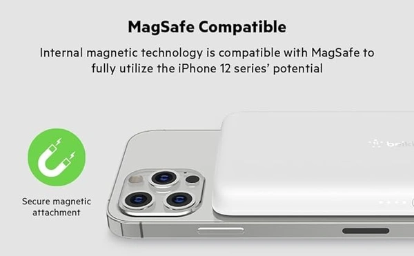 Belkin 2500 mAh Magnetic MagSafe Compatible Wireless Power Bank, Sleek Design for iPhone 15, 14, 13 and 12 Series, Compatible with MagSafe Covers – White