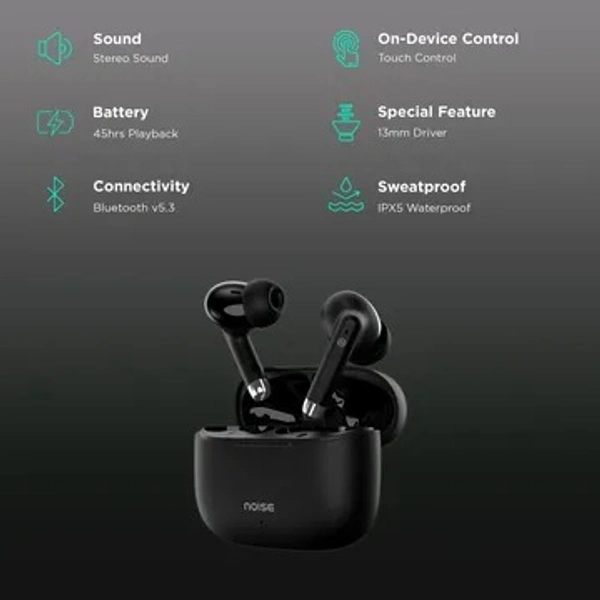 Orientation Type: In Ear Connectivity: Bluetooth Version 5.3 Battery Life: 45Hours Fast Charging: Yes Noise Cancellation: Environmental Noise Cancellation Voice Asisstant: Siri, Google USP: 50ms Low Latency, IPX5 Water Resistant