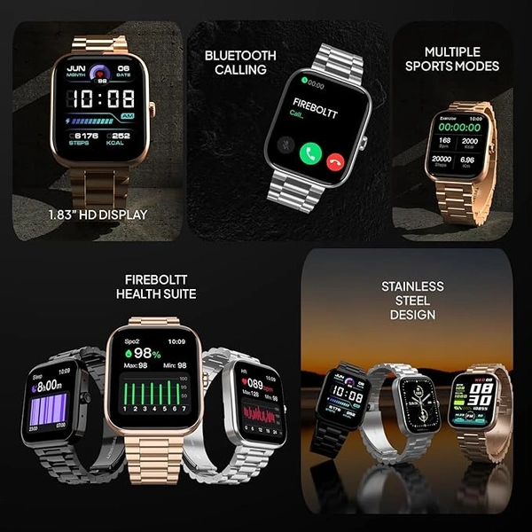 Fire-Boltt Encore Stainless Steel Smart Watch with Advanced 1.83” Full Touch Screen Display, 240*284 PPI, Bluetooth calling, 10-days battery life, IP67 Water Resistant, Upgraded Health Sensors (Black)