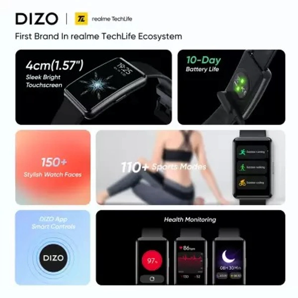 DIZO Watch S 1.57 Bright touch screen with rectangular display and 110+ sports modes  (Black Strap, Free Size) ( open box )