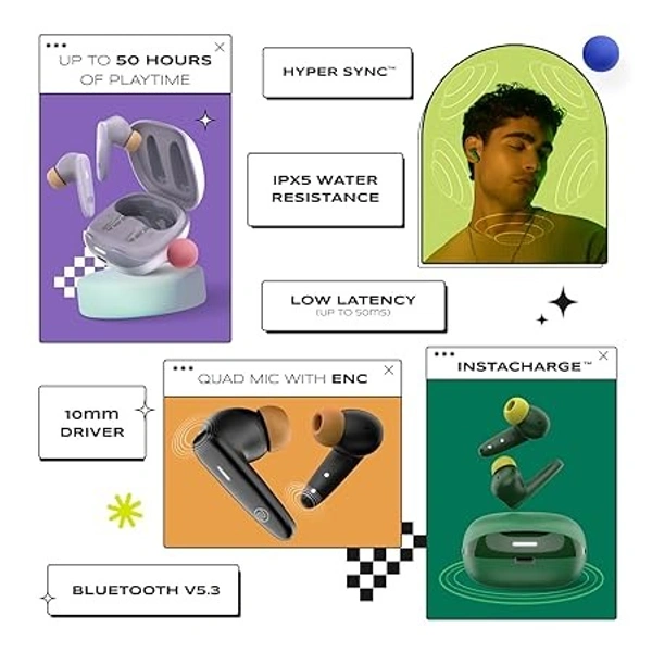 Noise Buds VS401 in-Ear Truly Wireless Earbuds with 50H of Playtime, Low Latency(up-to 50ms), Quad Mic with ENC, Instacharge(10 min=200 min),10mm Driver, BT v5.3(Open box )