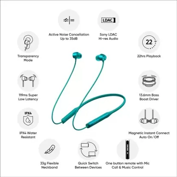 realme Buds Wireless Pro with Active Noise Cancellation ANC Bluetooth Headset Green In the Ear