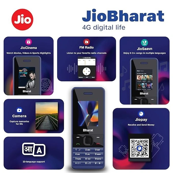 ( open box ) JioBharat V2 4G Phone with JioCinema, JioSaavn, Pay (UPI), Long Lasting Battery, LED Torch, Digital Camera | Blue | Locked for JioNetwork
