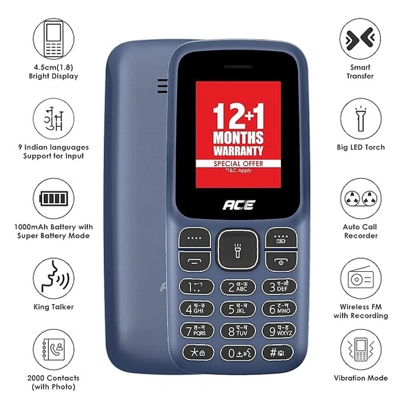 ( open box )Itel Ace2 Comes with 1.8" Display Size, 1000 mAh Battery, Bluetooth with Kingtalker & Contact icon Support | Deep Blue