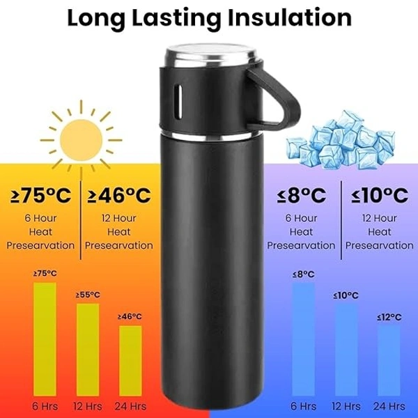 Studlike store  Stainless Steel Vacuum Insulated Bottle Water Flask Gift Set with Two Cups Hot & Cold | Gifts for Employees | Corporate Gift Items | Vacuum Flast Set with 2 Mugs (Random Color)