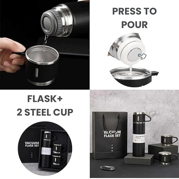 Studlike store  Stainless Steel Vacuum Insulated Bottle Water Flask Gift Set with Two Cups Hot & Cold | Gifts for Employees | Corporate Gift Items | Vacuum Flast Set with 2 Mugs (Random Color)
