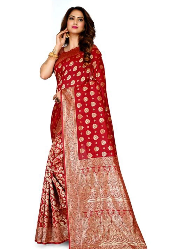 Beautiful Banarasi Silk Red Brocade Saree With Blouse - Free Size