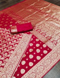 Beautiful Banarasi Silk Red Brocade Saree With Blouse - Free Size