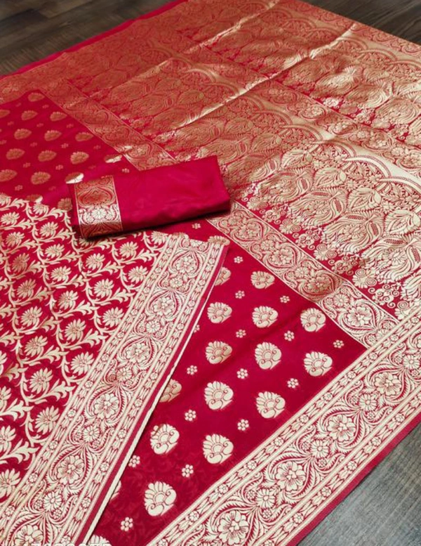 Beautiful Banarasi Silk Red Brocade Saree With Blouse - Free Size