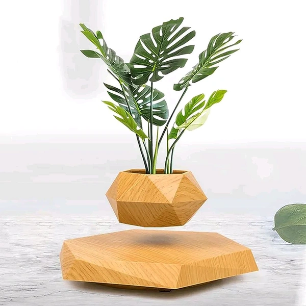 Wooden Themed Floating Levitating & Rotating Pot- Defying Natural Gravity | Perfect Bonsai Planter | Unique Precious Lavish Gift | Home Office Livingroom Decor Item
