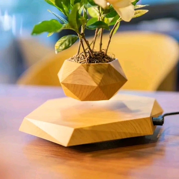 Wooden Themed Floating Levitating & Rotating Pot- Defying Natural Gravity | Perfect Bonsai Planter | Unique Precious Lavish Gift | Home Office Livingroom Decor Item
