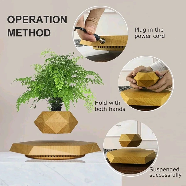 Wooden Themed Floating Levitating & Rotating Pot- Defying Natural Gravity | Perfect Bonsai Planter | Unique Precious Lavish Gift | Home Office Livingroom Decor Item