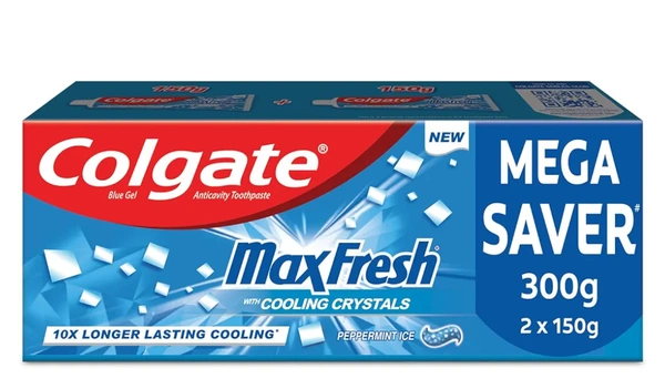 Colgate MaxFresh Toothpaste, Blue Gel Paste with Menthol for Super Fresh Breath, 300g, 150g X 2 (Peppermint Ice, Saver Pack)