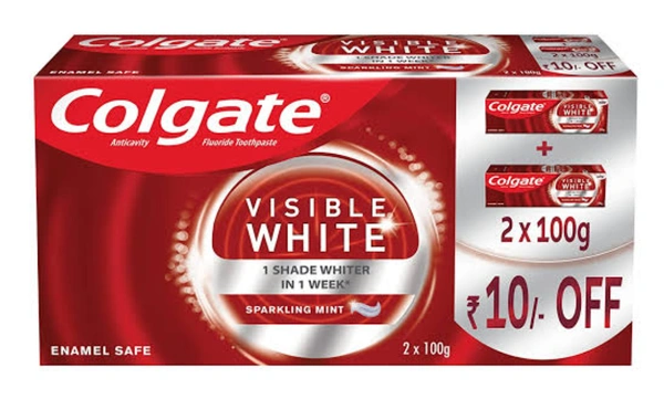 Colgate Visible White Toothpaste 200g (100g x Pack of 2) Teeth Whitening Starts in 1 week, Safe on Enamel, Stain Removal and Minty Flavour for Fresh Breath
