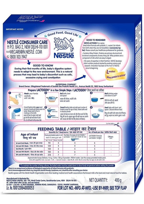 Lactogen Nestle 1 Infant Formula Powder - Upto 6 Months, Stage 1, 400G Bag-In-Box Pack