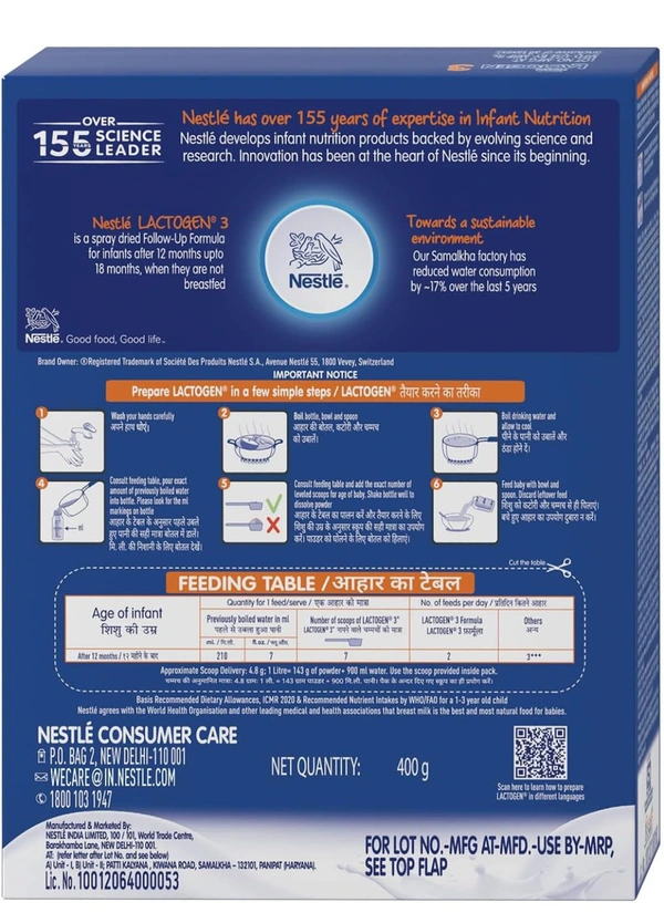 Lactogen Nestle Follow-Up Formula Powder, Stage 3, 400G (After 12 Months), Infant