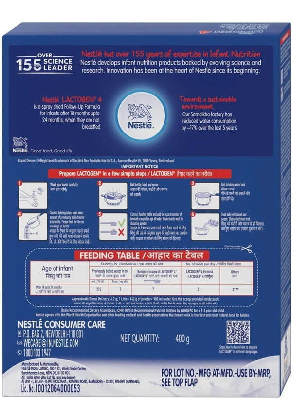 Lactogen Nestlé Lactogen 4 Follow-Up Formula Powder - After 18 Months Upto 24 Months, Stage 4, 400G Bag-In-Box Pack, Infant