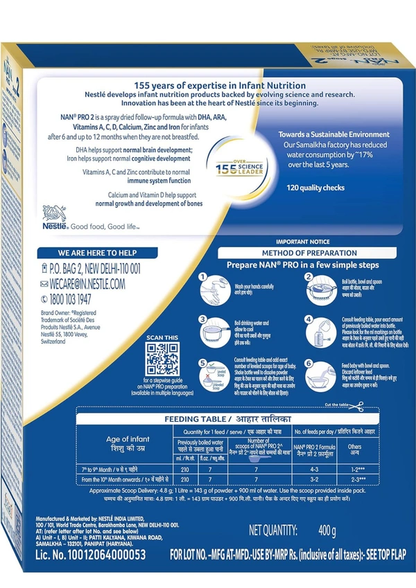 Nestle NAN PRO 2 Follow-up Formula Powder - After 6 months, Stage 2, 400g Bag-In-Box Pack