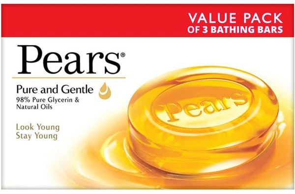 Pears Pure & Gentle Soap Bar (Combo Pack of 3) - With Glycerin for Soft, Glowing Skin & Body, Paraben-Free Body Soaps For Bath Ideal for Men & Women