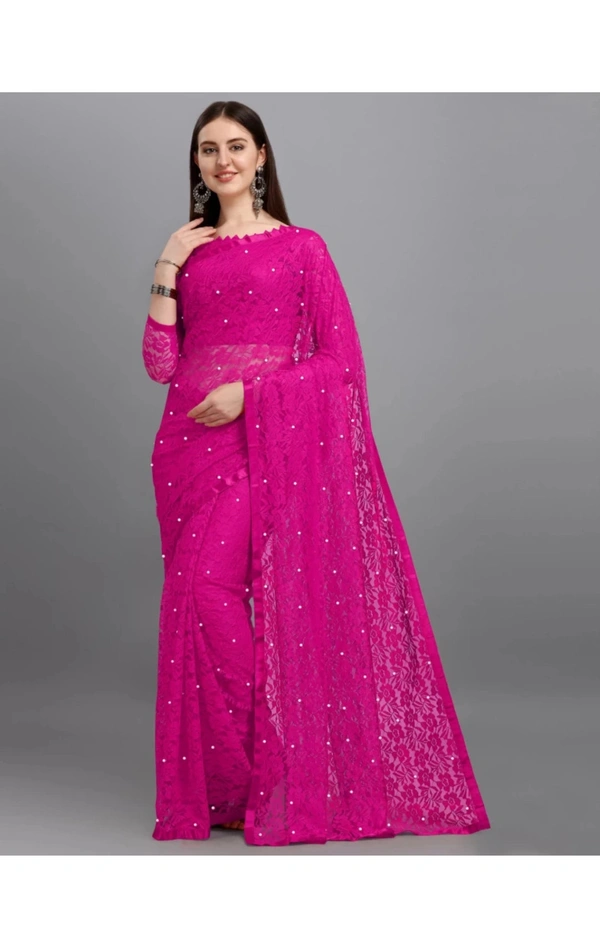 Dyed, Embellished, Self Design Lucknow Chikankari Net Saree (Pink) #JustHere - Shocking Pink
