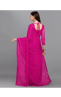 Dyed, Embellished, Self Design Lucknow Chikankari Net Saree (Pink) #JustHere - Shocking Pink