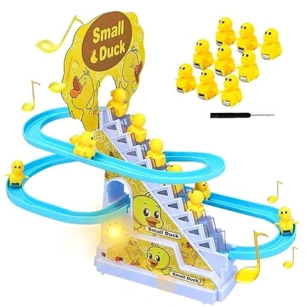 Duck Slide Toy Set, Funny Automatic Stair-Climbing Ducklings Cartoon Race Track Set Little Lovely Duck Slide Toy Escalator Toy with Lights and Music