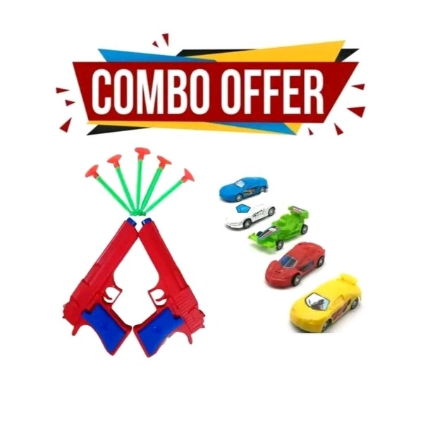 Combo Toy Set For Kids,Car+Gun Set Hero Military Style Combat Shooting Gun Toys+5 Small Mini Racing Cars Suitable for Children Cars for Kids Push and Go STORNG & Durable CAR | Gun Toys for Kids Age 3-4-5 Years with Vaccum Darts Double Gun Army Toy (Multicolor) 