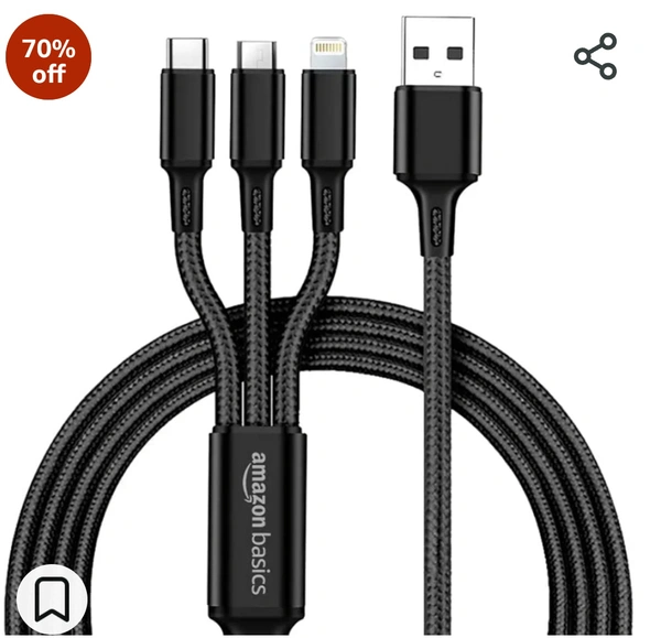 amazon basics 3-In-1 Charging Cable| Micro Usb, Type-C And Lightning, 15W Fast-Charging Cable | 1M, Wide Compatibility