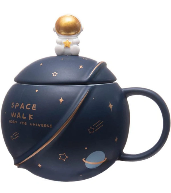 NYRWANA DELIVERING SMILES IN INIDA Coffee Mug, Mugs for Coffee, Ceramic Coffee Mug, Coffee Mug with Lid, Birthday Gift, Space Mug, 3D Creative Astronaut Planet Coffee Mug - 400ml (Dark Blue)