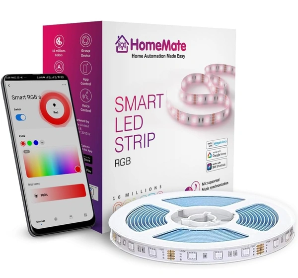 HomeMate Wi-Fi Multicolour Smart LED Strip Kit | 5 Meters | Music Sync Feature | No Hub Required | Works with Amazon Alexa, Google Home & Siri (RGB 5 Meter Kit with Built-in Mic Controller) 