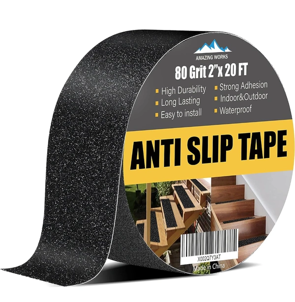 Amazing Works Grip Tape - Heavy Duty Non Skid Tape High Traction 80 Grit Non Slip for Stairs Outdoor/Indoor, Waterproof Stairs Non Skid Treads, Durable Triple Layer Adhesive 2 Inch x 20 Ft - Black
