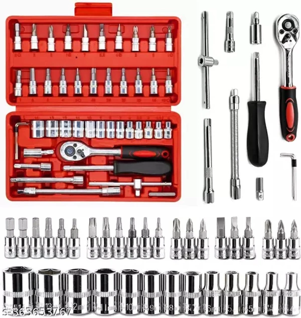 Tool Kit 46 Pieces 1/4 Inch Drive Socket Wrench Set Metallic Mechanical Tools