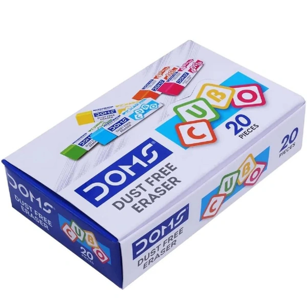 Doms Dust Free Cubo Eraser Box Pack | Comfortable Edge for Easy Handling | Non-Toxic & Safe for Kids | Attractive Body Colors | Pack of 20 Pcs