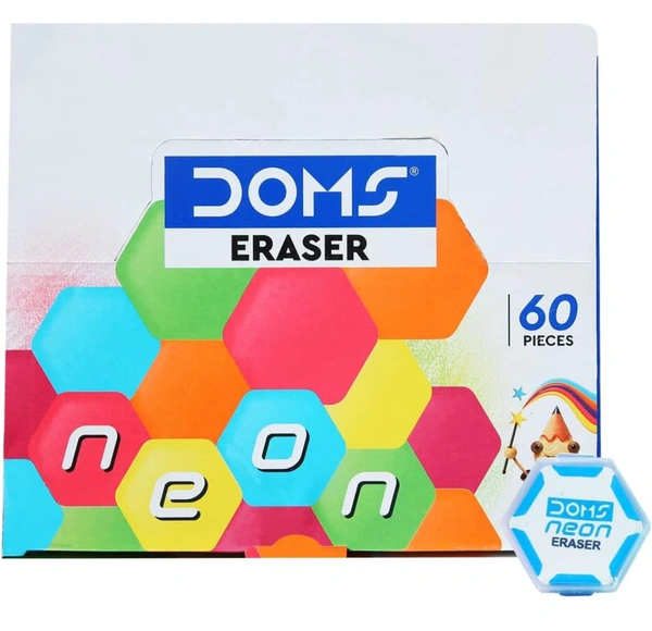 Doms Neon Eraser Box Pack | Hexagonal Eye Catching Design | Neat & Dust Free Erasing | Playful Body Colors | Plastic Case for Each Eraser | Pack of 30 Erasers