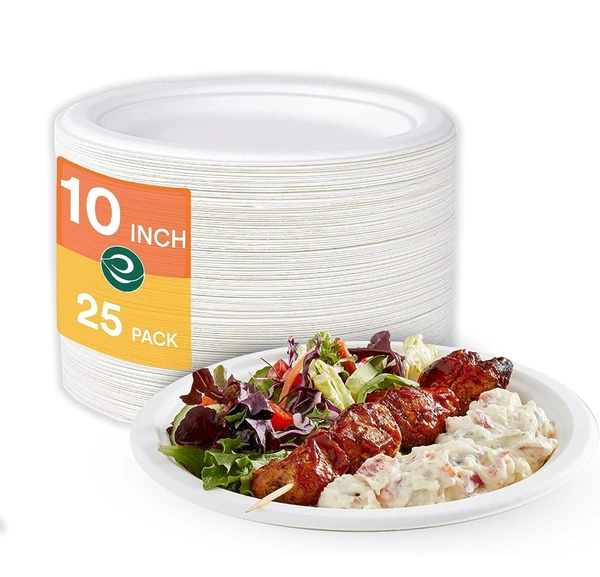 ECO SOUL [10 inch, 50 Pack Disposable Bagasse Plates | Eco-Friendly, Biodegradable, Sugarcane Paper Plates | for Serving Snacks | Birthday, Wedding & Party | Round, White (25 cm)